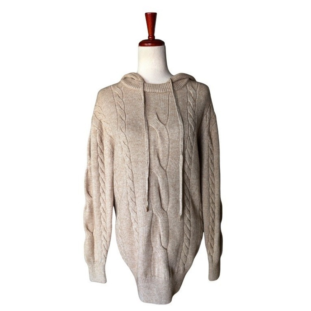 SER.O.YA Women Oatmeal Beige Cable Knit Hooded Sweater Mini Dress XXS New - Picture 2 of 10